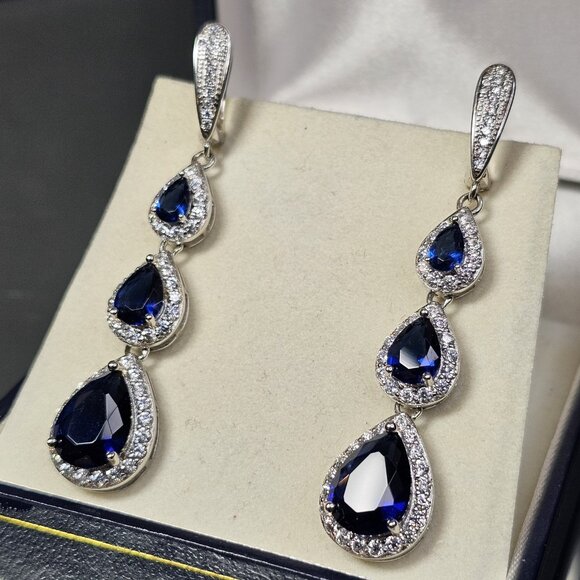 Royal Blue Drop 925 Sterling Silver Earrings, Long Bridal Birthday Gift - Picture 1 of 12